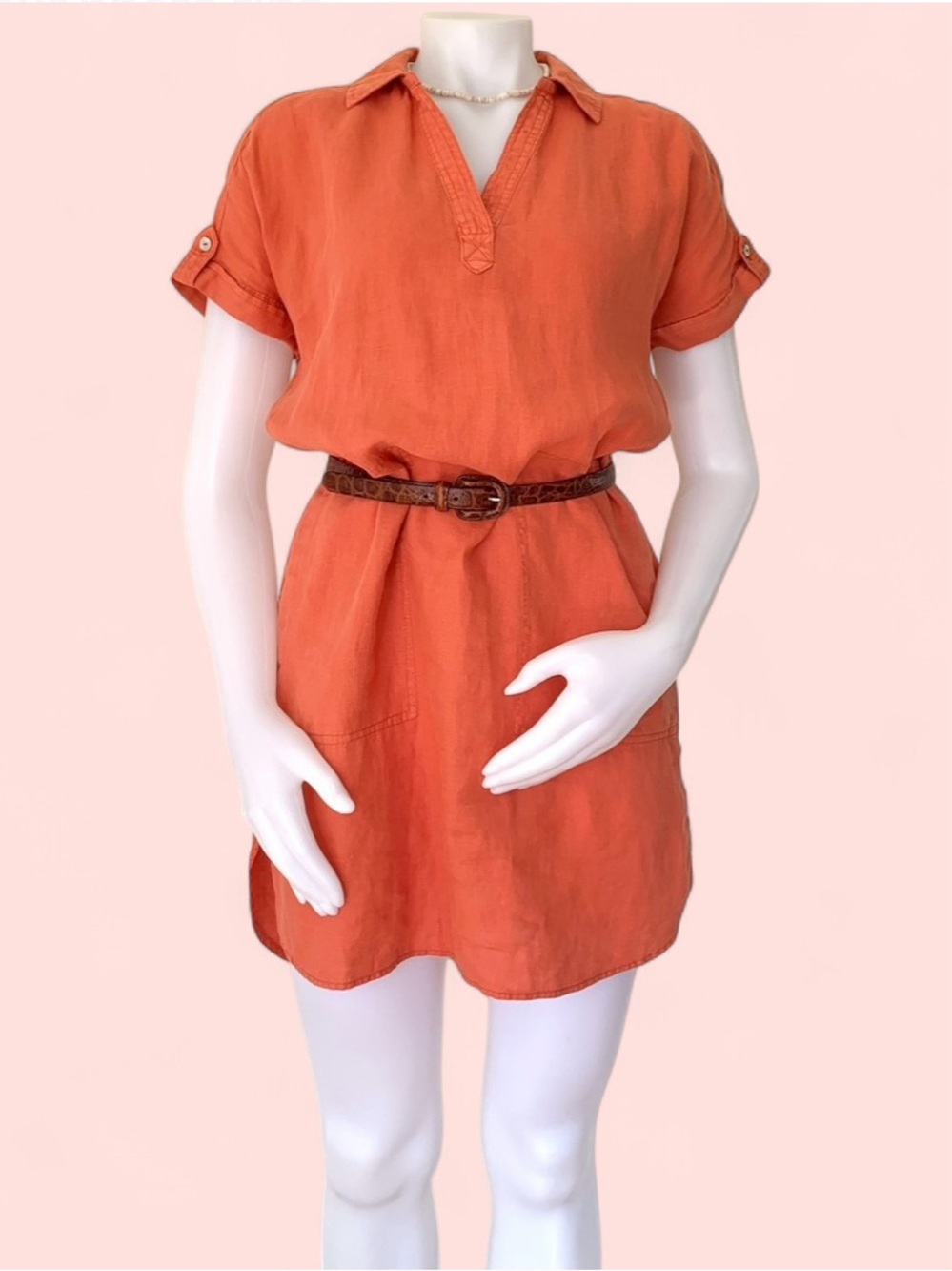 orange linen short sleeve tunic dress by H Halston